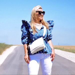 ZARA BLUE OPENWORK EMBROIDERED TOP NWT